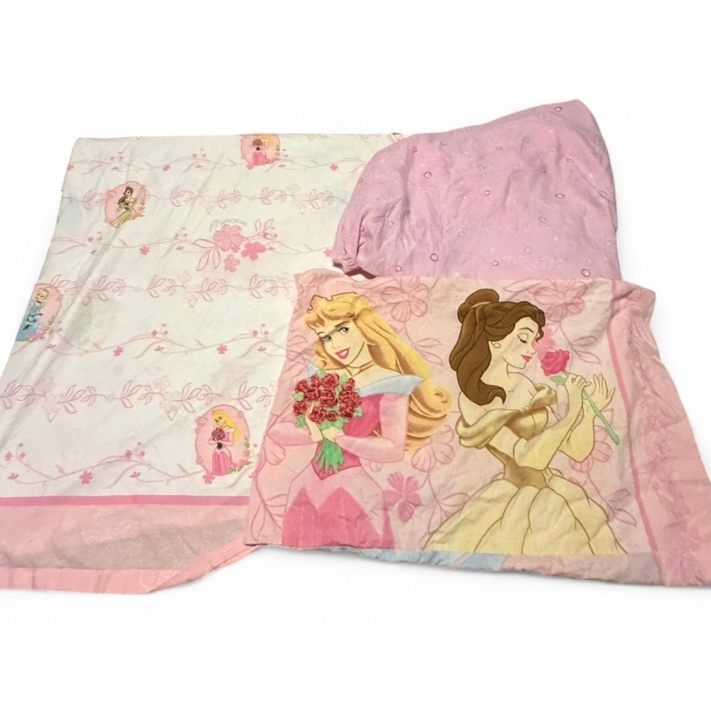 VTG Disney Princess Twin Sheet Set Pink Belle Aurora Cinderella Floral Bedding